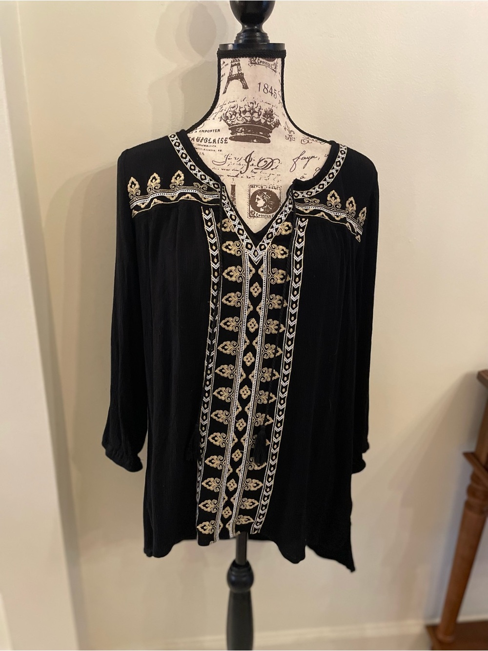 One World Black Embroidered Boho Top ~ Tassels ~ 3/4 Sleeve ~